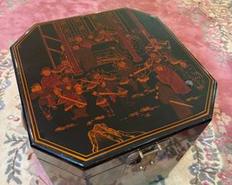 Vintage Chinese Black Lacquered Octagonal Tea Caddy with Motif with Glass Protective Slab (19"W x 19"D x 19"H)