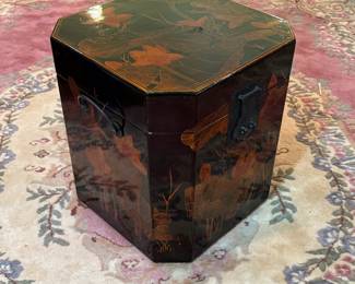 Vintage Chinese Black Lacquered Octagonal Tea Caddy with Motif with Glass Protective Slab (17"W x 17"D x 19"H)