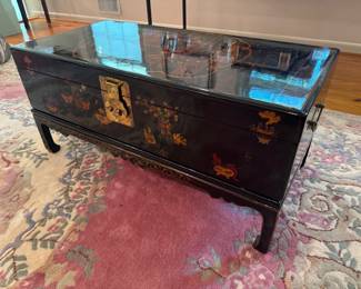 Vintage Chinese Black Lacquered Wedding Chest with Stand & Motif (38-1/2"W x 19"D x 18"H)