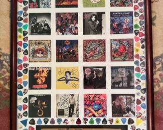 Framed Autographed CD Covers by: Dada, Lisa Loeb & Nice Stories, Little Feat, Eddie Money, Night Ranger, John Hiatt, The Fabulous Thunderbirds, Russ Freeman, Kenny Wayne Shepherd Band. Drumsticks Signed by Klaus Meine from Scorpions (28-1/2"W x 38"H) 
