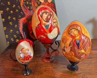 Hand-Painted Russian Orthodox Church Wooden Easter Eggs Featuring Religious Icons