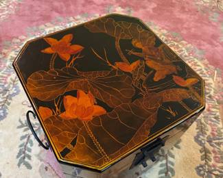 Vintage Chinese Black Lacquered Octagonal Tea Caddy with Motif with Glass Protective Slab (17"W x 17"D x 19"H)