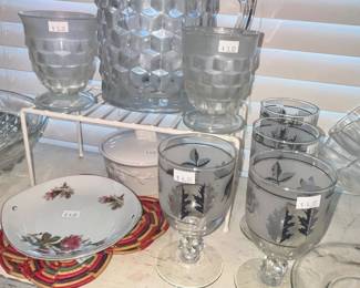 FOSTORIA GLASS AMERICAN CUBIST PITCHER & GLASSES