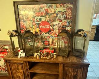 METAL LANTERNS & FRAMED COCA COLA PUZZLE