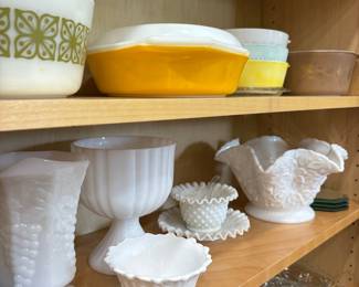 Vintage Milk Glass Collection with Pyrex Daisy Casserole Dish