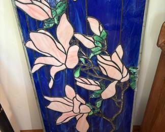 Stained Glass Panel with Pink Magnolia Blossoms