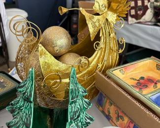 Vintage Gold Angel with Trumpet and Sleigh Christmas Decor