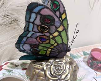 Tiffany Style Stained Glass Butterfly Figurine with Rose Base