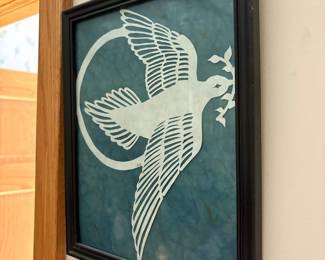 Framed Paper Cutout Artwork of a Dove with Olive Branch by S.S.