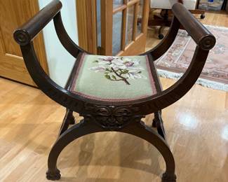 Antique Curule Stool with Needlepoint Upholstery