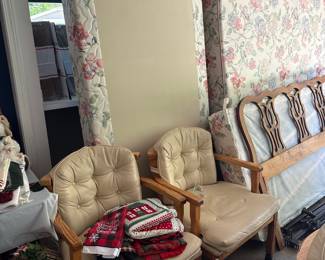 Floral Upholstered Mattress and Box Spring with Wooden Headboard and Two Upholstered Chairs