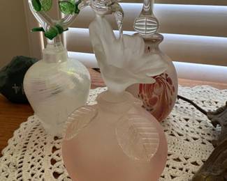 Golden Crown E & R Pink Crackle Glass Perfume Bottles with Figural Stoppers
