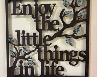 Enjoy the Little Things in Life Metal Wall Art with Distressed Blue Leaves