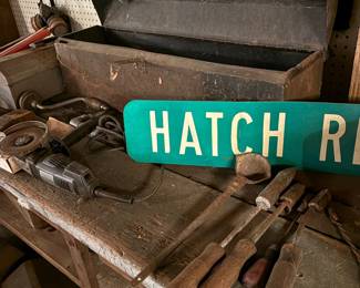 Vintage Metal Toolbox and Assorted Hand Tools with "Hatch Rd" Sign