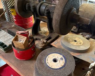 Vintage Cast Iron Bench Grinder with Grinding Wheels
