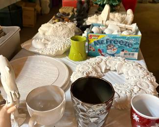 Unfinished Ceramic Bisque Craft Lot: Dolphin, Wreath, Face Plaque, Vase, Cups, and Christmas Tree