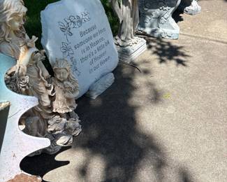 Memorial Garden Stone with Angel and Child Figurines