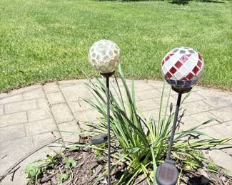 Pair of Mosaic Glass Garden Spheres with Solar Lights