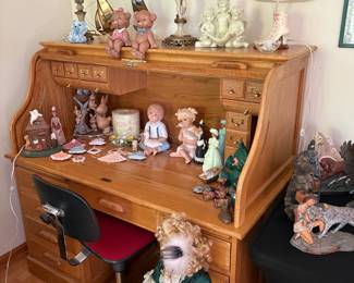 Oak Roll-Top Desk with Assorted Collectibles