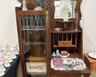 Antique Oak Side-by-Side Secretary Desk with Curved Glass Display Cabinet