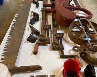Antique Two-Man Crosscut Saw and Logging Tools