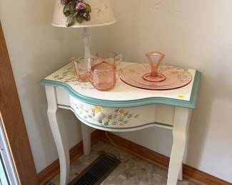 Hand-Painted Floral Side Table with Pink Depression Glass Pitcher, Sugar Bowl, and Tray Set