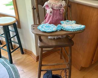 Vintage Porcelain Doll in Wooden High Chair with Accessories