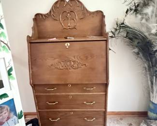 Antique Oak Secretary Desk with Cabriole Legs