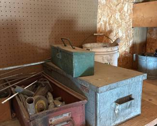 Vintage Metal Toolboxes and Red Metal Parts Bin