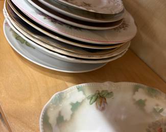 Assorted Vintage Hand-Painted Porcelain Plates and Serving Dish with Floral Motifs