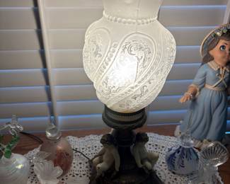 Victorian Cherub Table Lamp with Frosted Etched Glass Shade