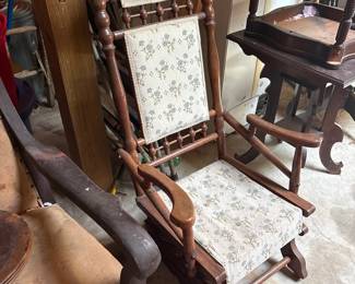 Antique Spindle Platform Rocker with Floral Upholstery