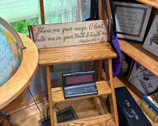 Convertible Library Ladder Chair / Step Stool with Inspirational Sign and Clock Radio