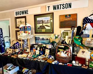 badges pins, signed hats, flags. Sergio Garcia, Phil Mickelson.