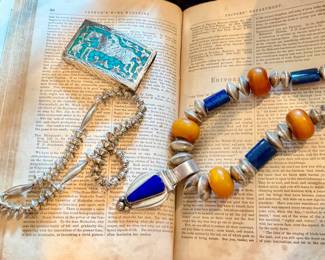 Indian signed lapis and butterscotch Amber Sterling necklace. Indian Pawn Sterling bench bead pearl necklace.