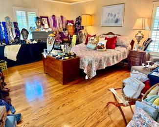 Master bedroom with more clothing, shoes, handbags, scarves, and costume jewelry.