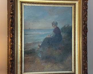 "Seascape with Dutch Girl" signed Paul Doering , Oil on Canvas 28" x 33 1/2 " Framed 