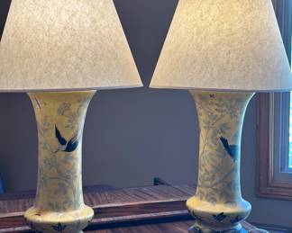 Gold porcelain lamps with bird motif, inverted urns. 34" H