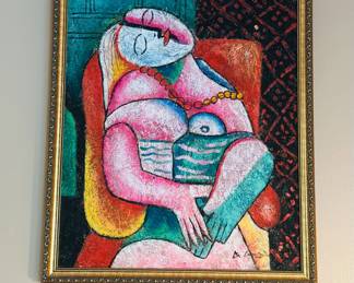 Artist: Benjamin Long , paint & fiber on canvas, after Picasso's "The Dream"  22"x26"