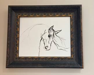Horse Head signed by Angela Hoover, pencil and ink on paper, 19" x 16" Framed 