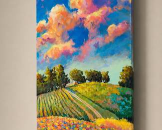 "Barn on the Hill" signed by Sri Roo ( S.M. Roo) Acrylic on Canvas , 16" x 40" 