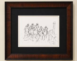" Horse Race" signed by Crowell Haden, 2014, pen and ink on paper, 23" x 20" Framed 