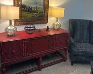 Uttermost Rhine Glass table lamps, Jacobean style buffet sideboard, Dunlowe Windowpane wingback chairs in charcoal plaid fabric 