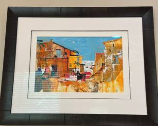 "Tobacco Caye, Belize" signed by Nagib Karan , mixed media collage, paint on board, 38 1/2" x 31" Framed 