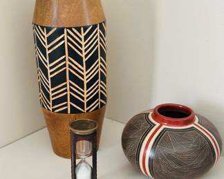 Pottery , vintage leather and glass hour glass, tall wood vase 