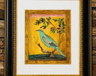 " Green Bird, Mughal" Unknown Artist , Paint canvas , 14 1/2" x 18" Matted and Framed 