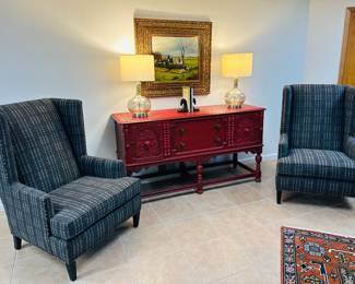 Lovely quality furniture and decor , Uttermost Mercury glass lamps, "Fox Hunt" Oil on Canvas, 48" x 38" Framed 