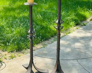 A pair of heavy hammered wrought iron floor candle holders, Brutalist style 4' H $ 3' H 