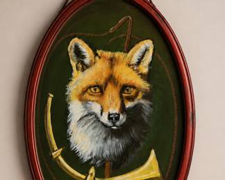 Hand painted Fox signed by Debbie Cardenas mounted in vintage clock case  30" L not including top round piece 