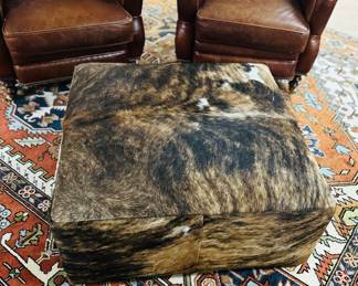 Rug, 14' x 10', cowhide ottoman 2 1/2' sq